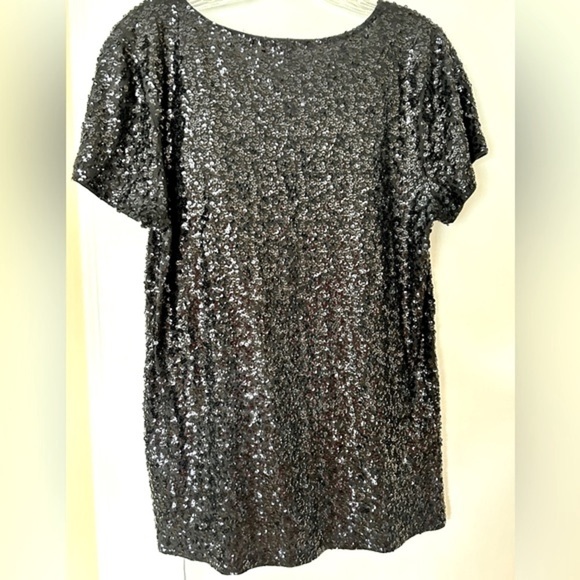 J.Crew Factory Top Black Sequin Short Sleeve Tee Sparkle Glitter size Large - Picture 10 of 16